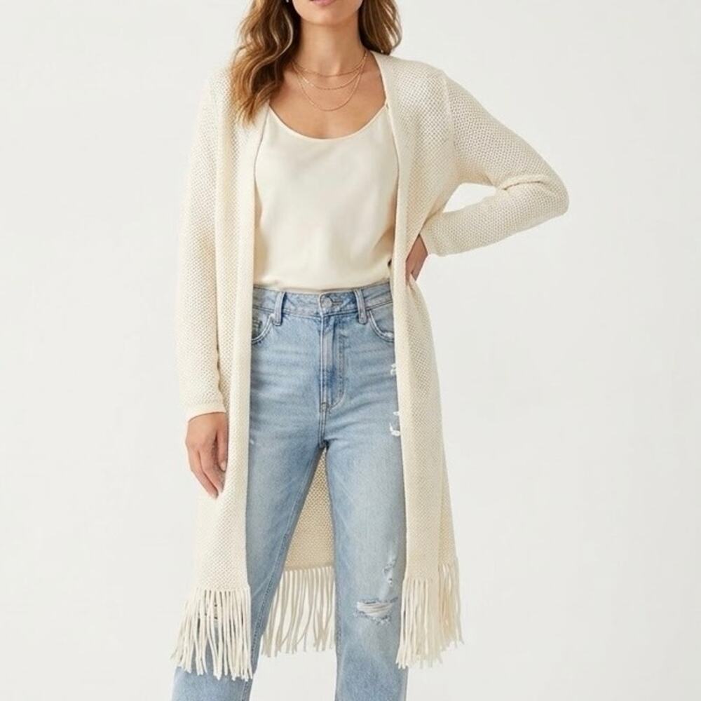 Chico’s Fringe Duster Cardigan Cream Open Knit Boho Layering Sweater Size 2 (L)